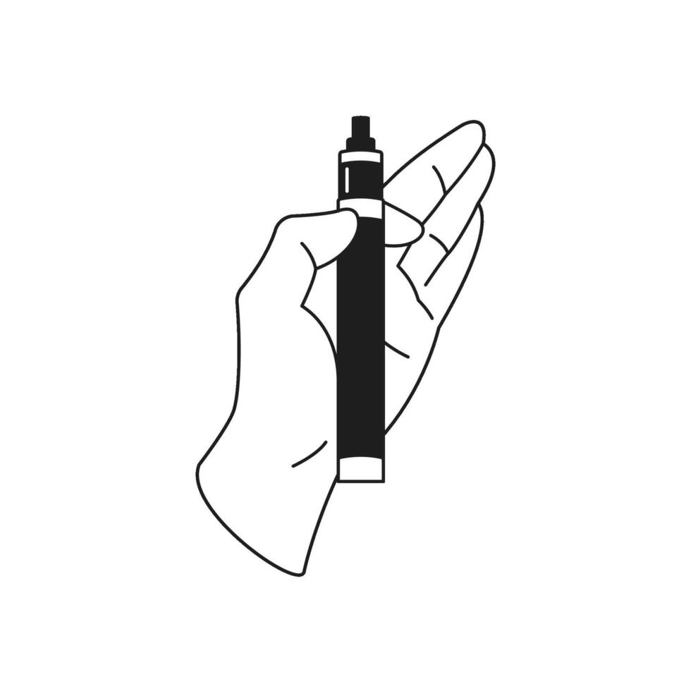 Y2k human hand holding electronic cigarette smoking device monochrome line retro groovy icon vector