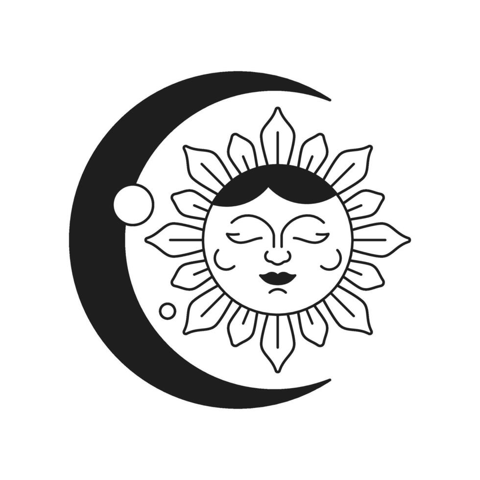 Y2k sun with half moon art cartoon character monochrome line retro groovy icon illustration vector