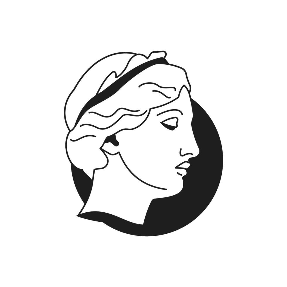 Y2k antique man sculpture head with moon classic art monochrome line retro groovy icon vector