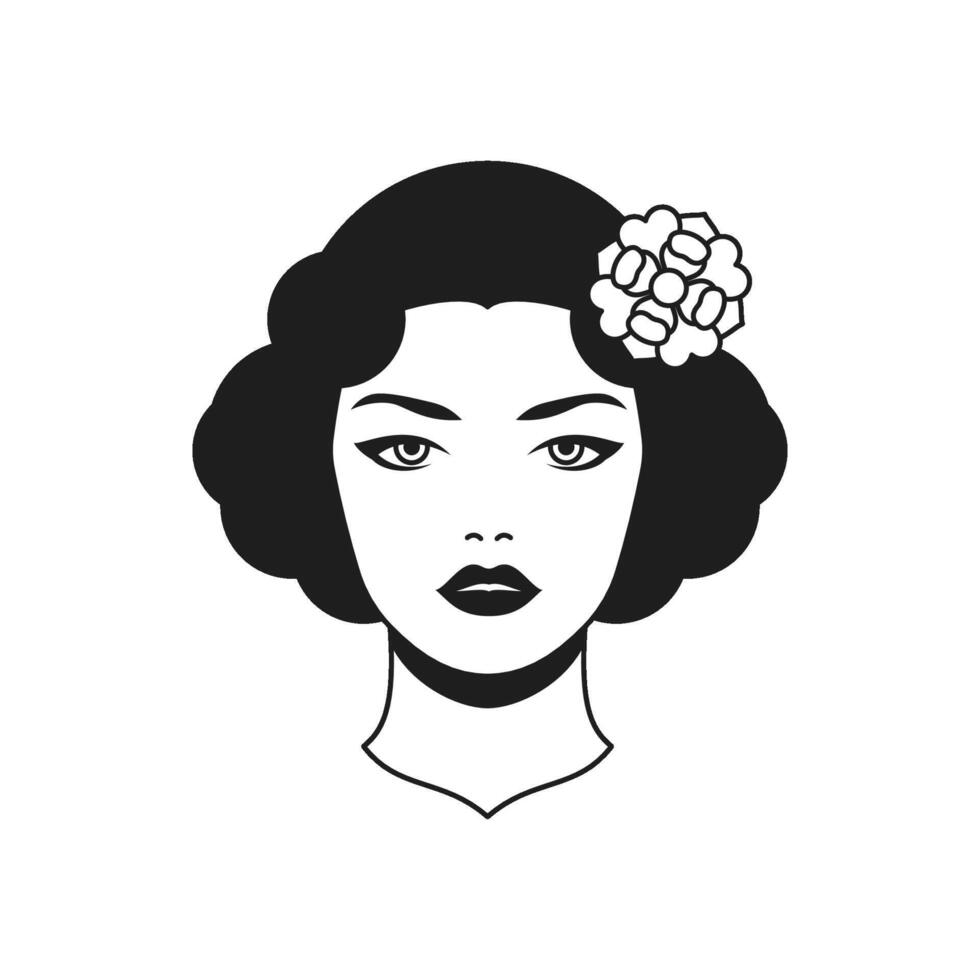 Y2k portrait beautiful retro woman with flower in hair monochrome line groovy icon vector