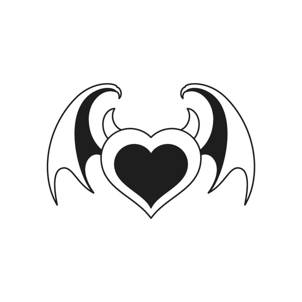 Y2k devil heart with horns and bat wings Halloween comic monochrome line retro groovy icon vector