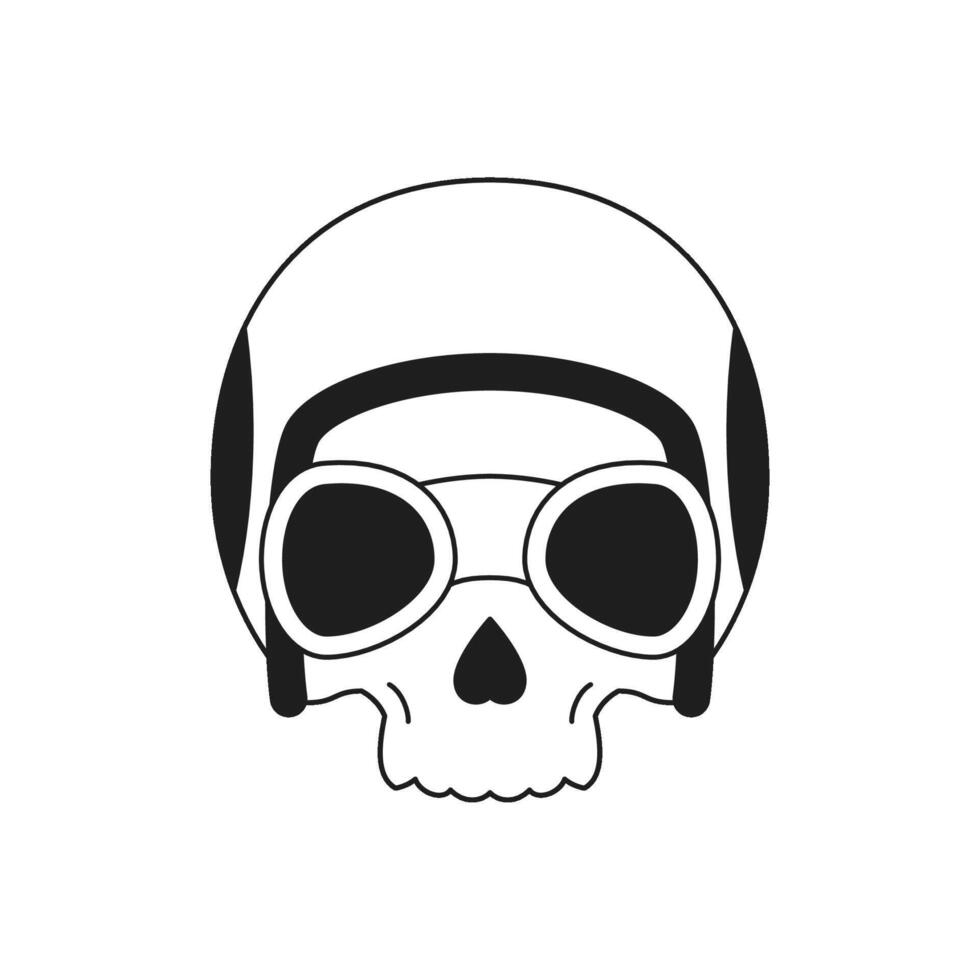 Y2k skull in eyeglasses and motorbike helmet psychedelic monochrome line retro groovy icon vector
