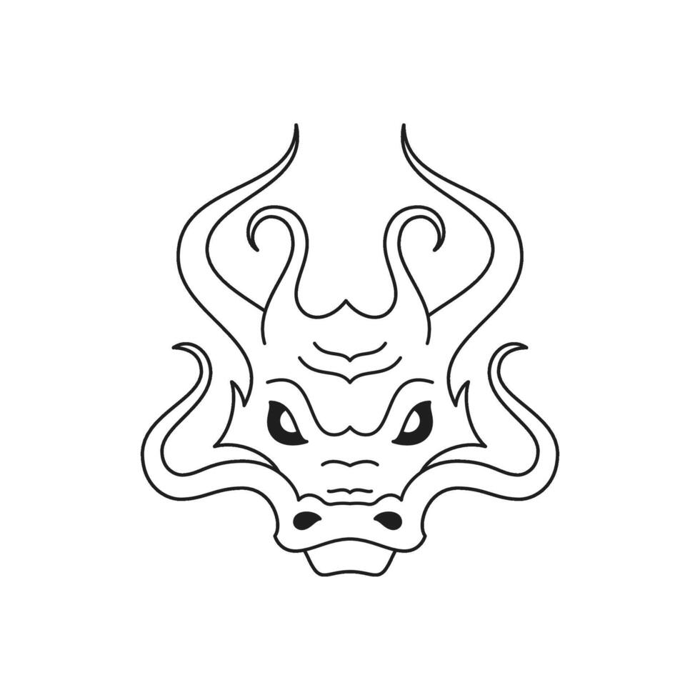 Y2k Chinese dragon head antique reptile portrait monochrome line retro groovy icon vector