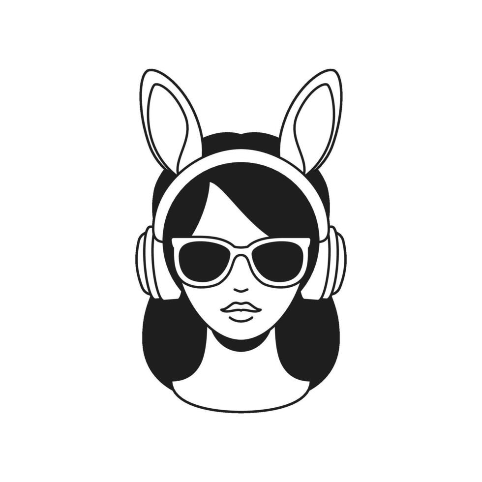 Y2k psychedelic woman with bunny ears headphones sunglasses monochrome line retro groovy icon vector