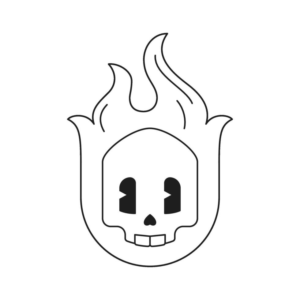Y2k burning skull fire flame Halloween rock cartoon element monochrome line retro groovy icon vector