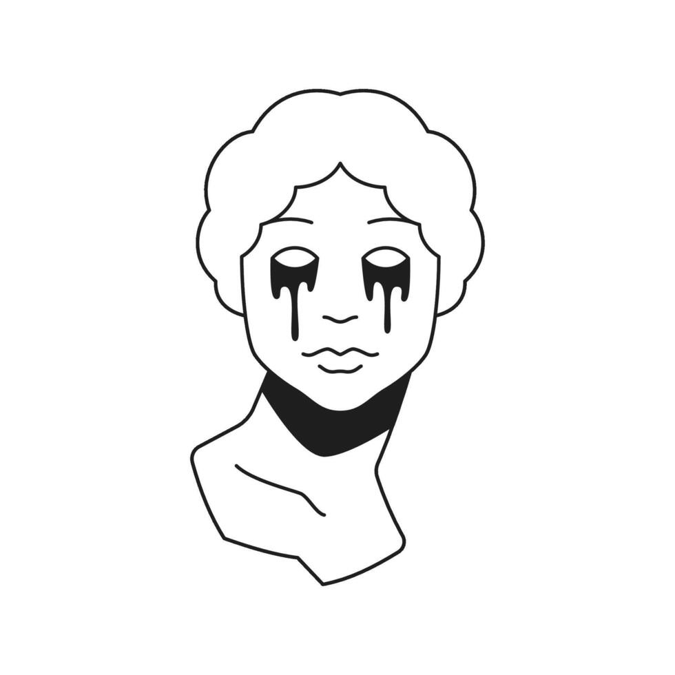 Y2k psychedelic crying woman statue bust with tears monochrome line retro groovy icon vector