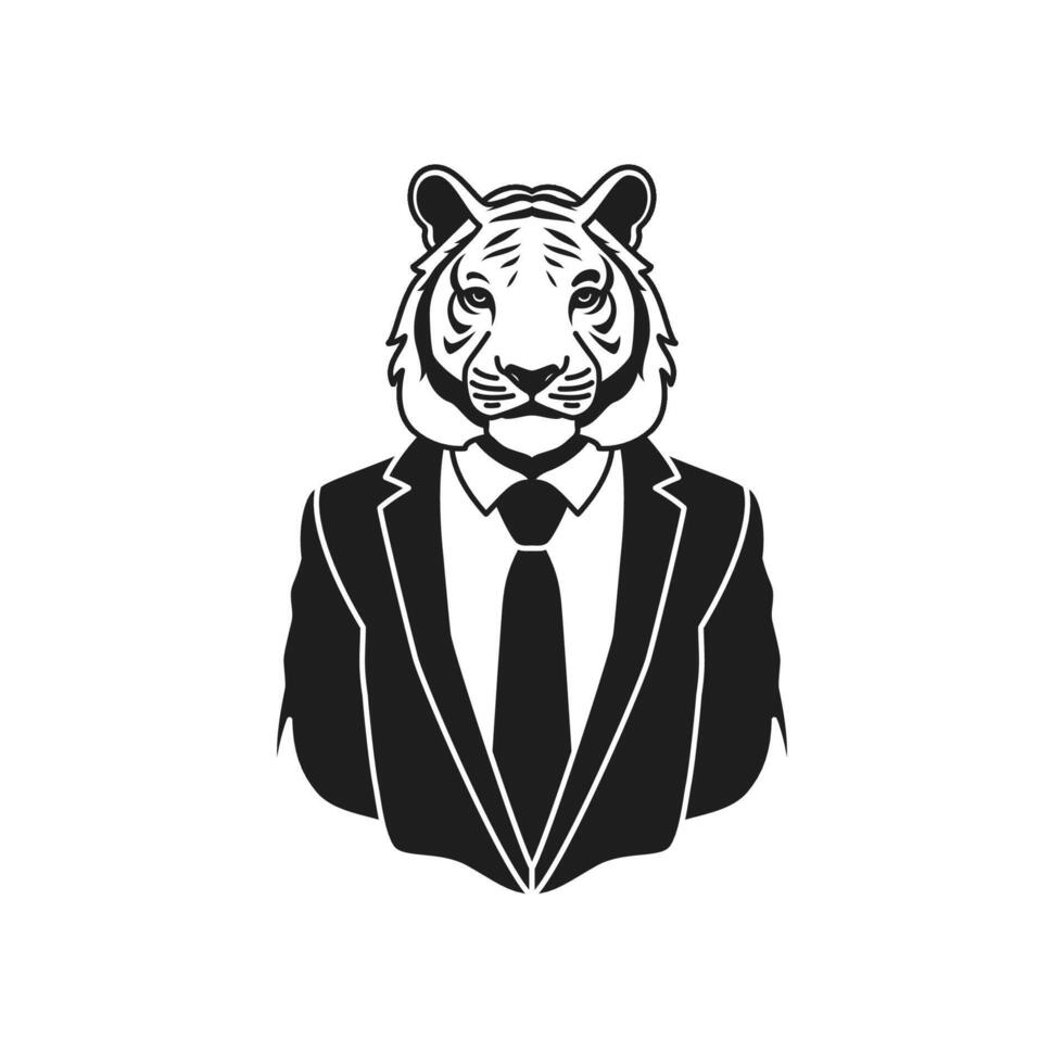 Y2k tiger business man in tie suit psychedelic monochrome line retro groovy icon illustration vector