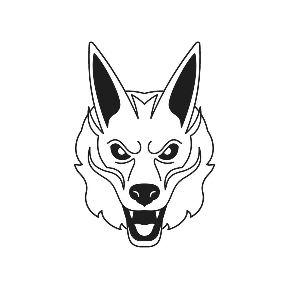 Y2k angry wolf beast Halloween horror monster head monochrome line retro groovy icon vector