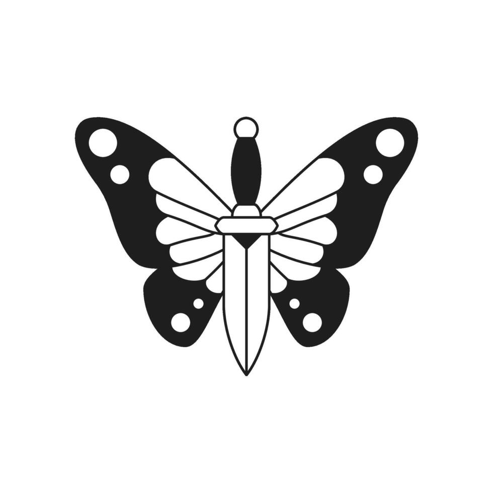 Y2k beautiful butterfly knife psychedelic cartoon element monochrome line retro groovy icon vector