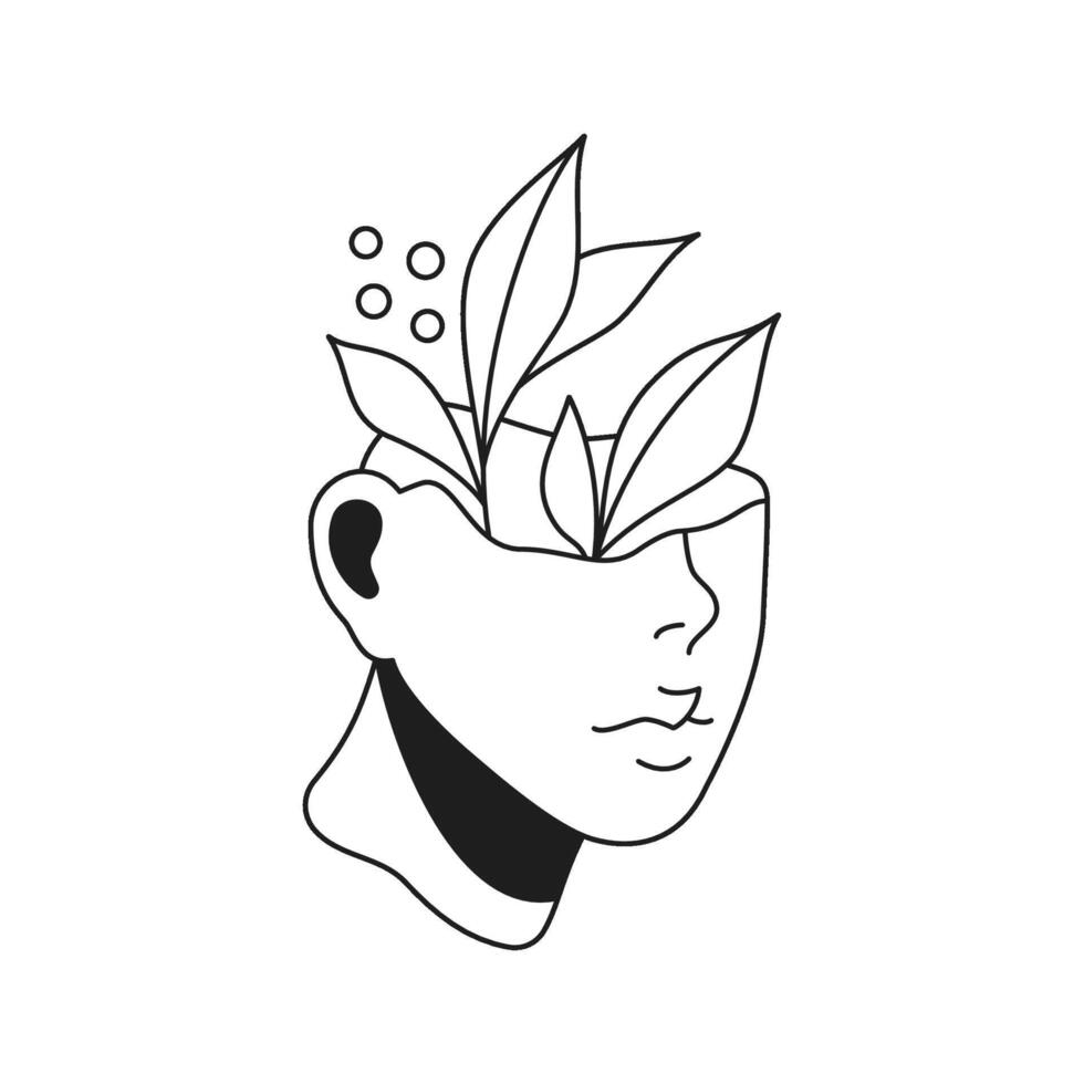 Y2k antique man head sculpture vase with floral branch monochrome line retro groovy icon vector