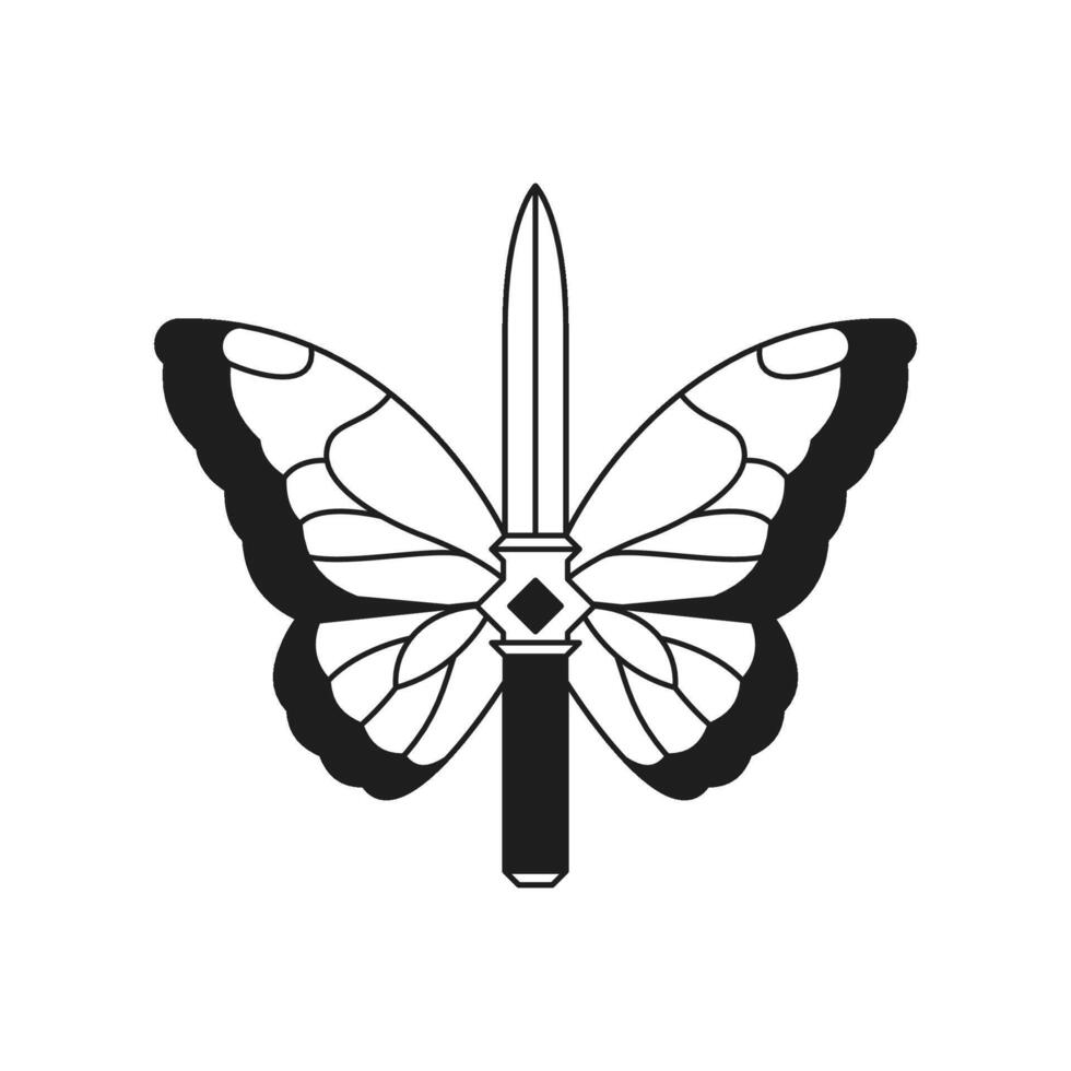 Y2k butterfly with antique sword weapon winged insect monochrome line retro groovy icon vector