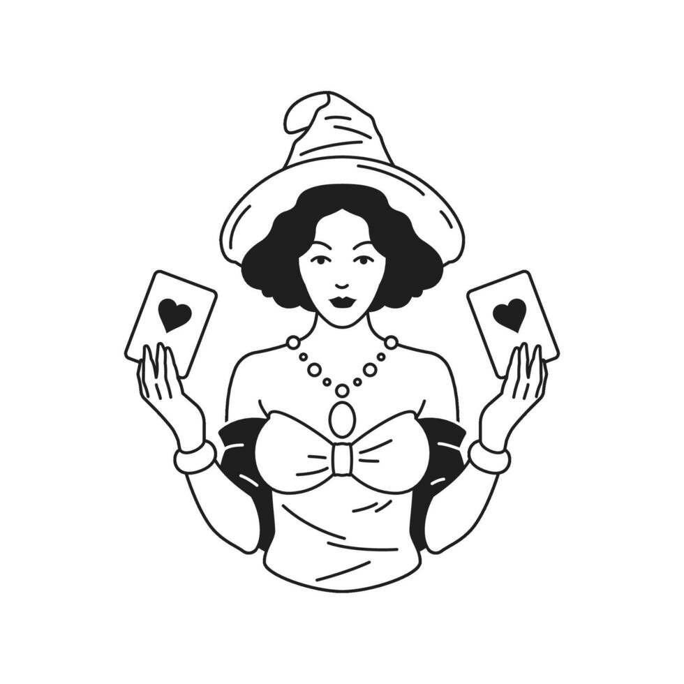 Y2k woman magician with playing card heart love monochrome line retro groovy icon vector