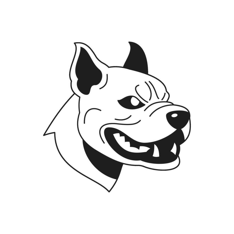 Y2k angry pitbull aggressive dog head monochrome line retro groovy icon illustration vector