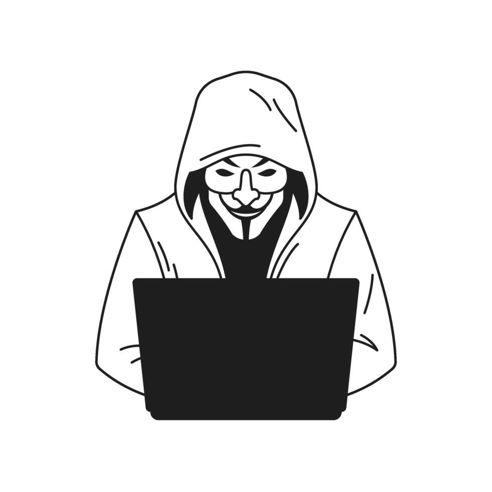 Y2k man hacker in hood use laptop cyber crime web attack monochrome line retro groovy icon vector