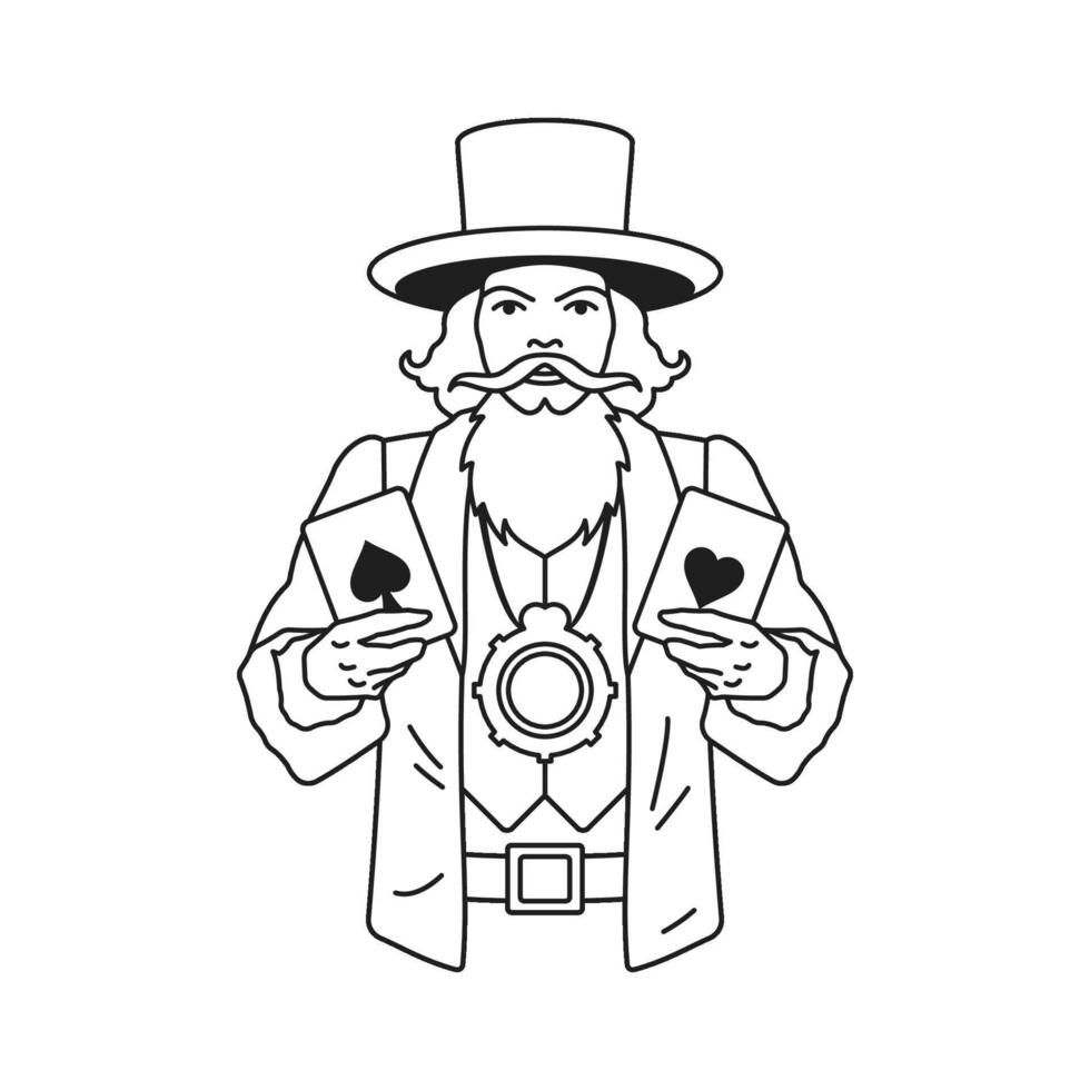 Y2k man magician sorcerer with playing card love symbol monochrome line retro groovy icon vector