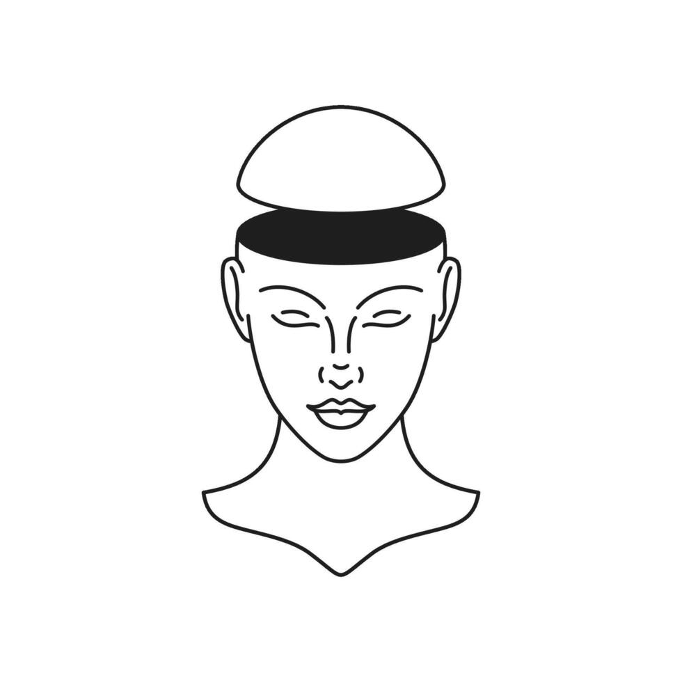 Y2k cyber woman head open mind psychedelic bust monochrome line retro groovy icon vector