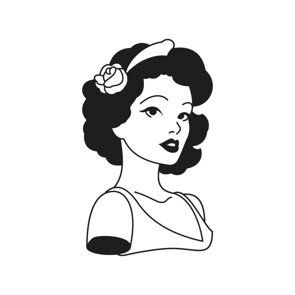 Y2k beautiful retro woman with rose flower in hair bust monochrome line groovy icon vector