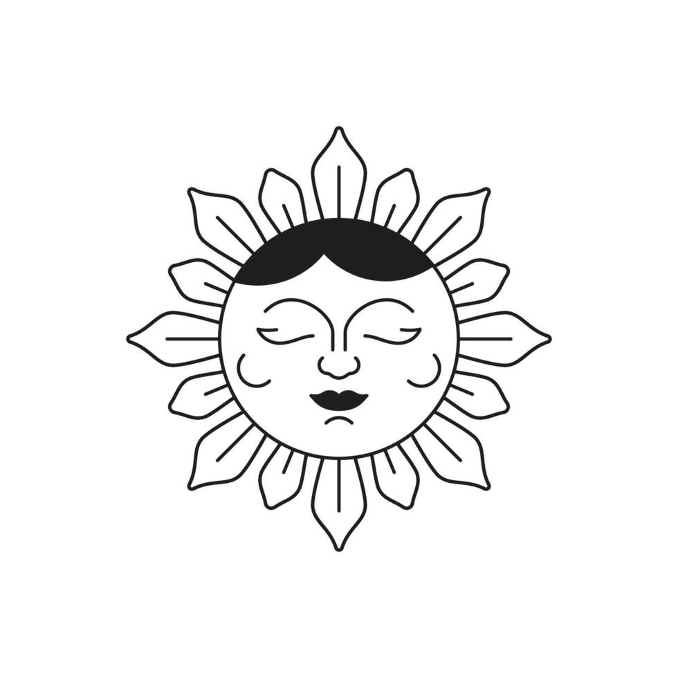Y2k bright sun with beams summer sunlight monochrome line retro groovy icon illustration vector