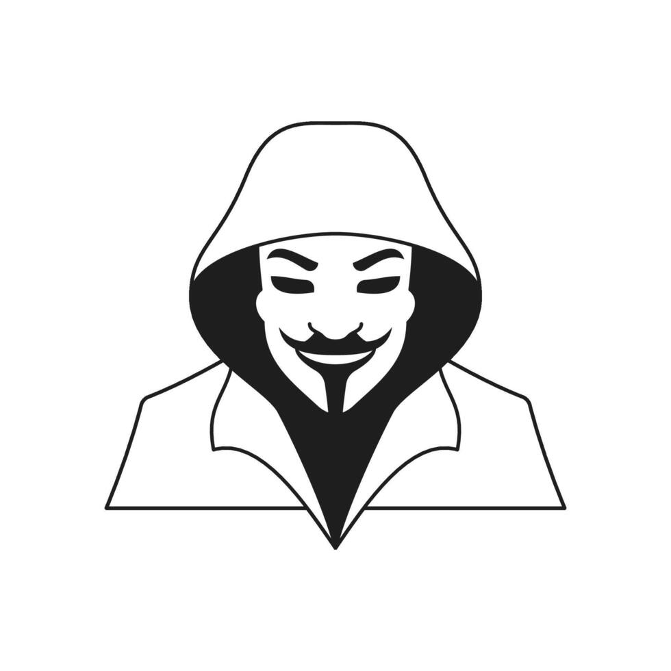 Y2k creepy smiling man in hood Halloween cartoon portrait monochrome line retro groovy icon vector