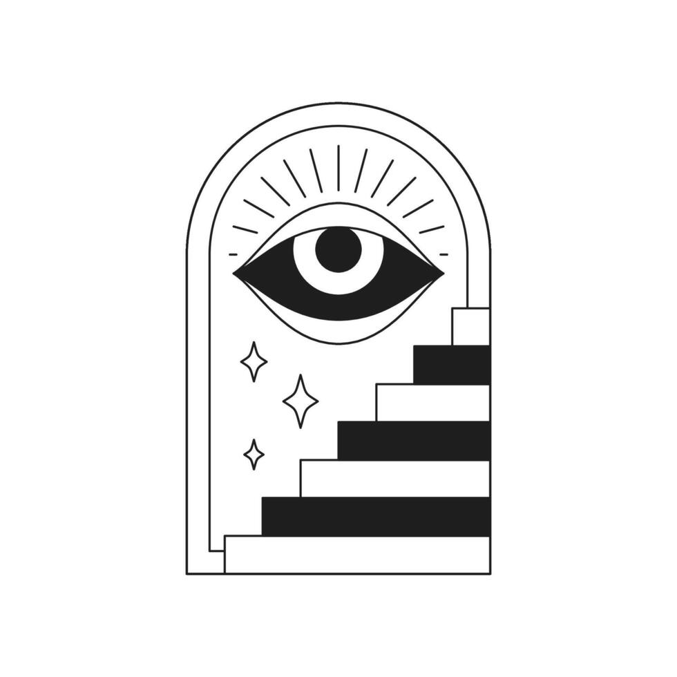 Y2k esoteric all seeing eye with stairs sacred mystic monochrome line retro groovy icon vector