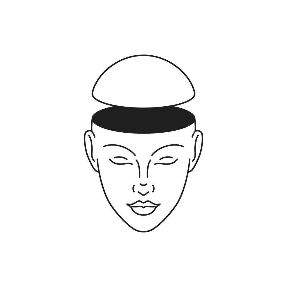 Y2k human head empty open mind psychedelic cartoon monochrome line retro groovy icon vector