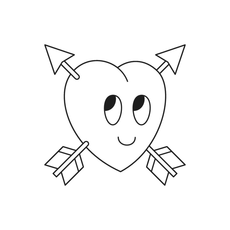 Y2k cute heart with crossed arrows love romantic cartoon monochrome line retro groovy icon vector