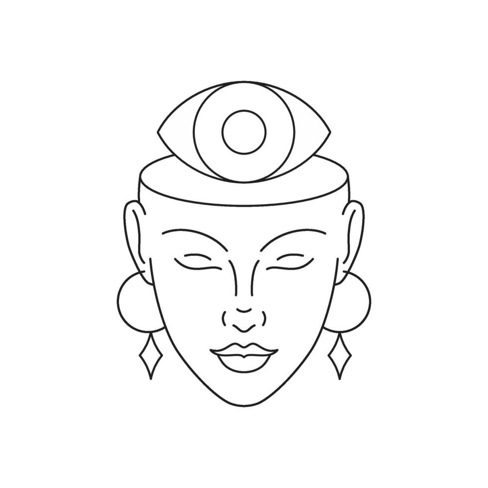 Y2k sacred mythology woman all seeing eye wisdom providence monochrome line retro groovy icon vector