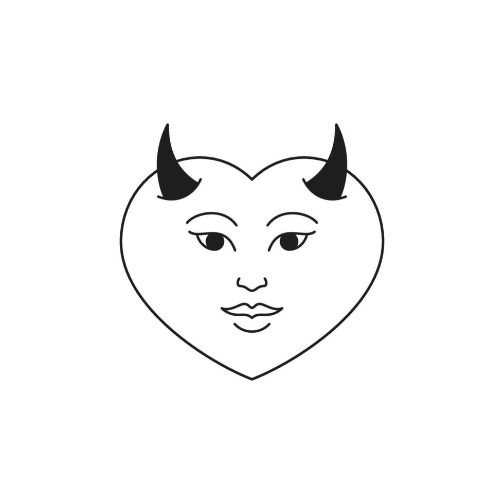 Y2k devil heart Halloween comic cartoon character love monochrome line retro groovy icon vector