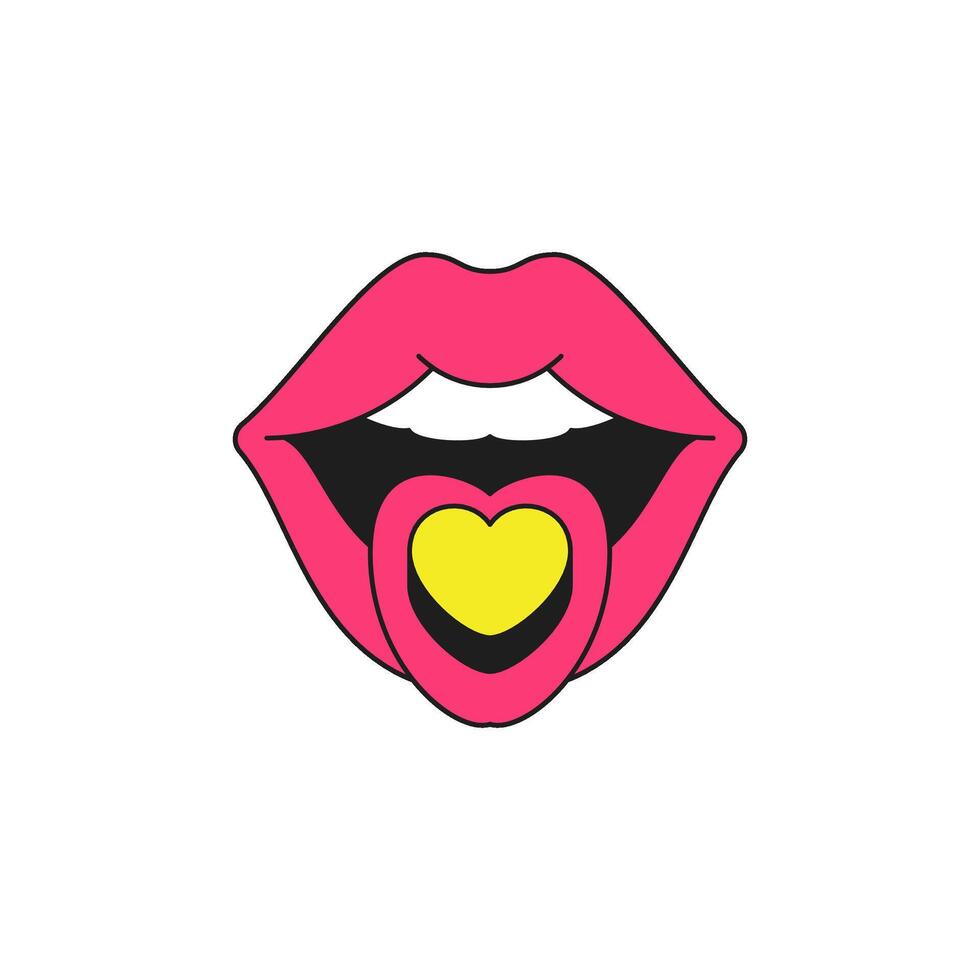Pink female lips open mouth with teeth heart surreal cartoon element groovy style icon flat vector