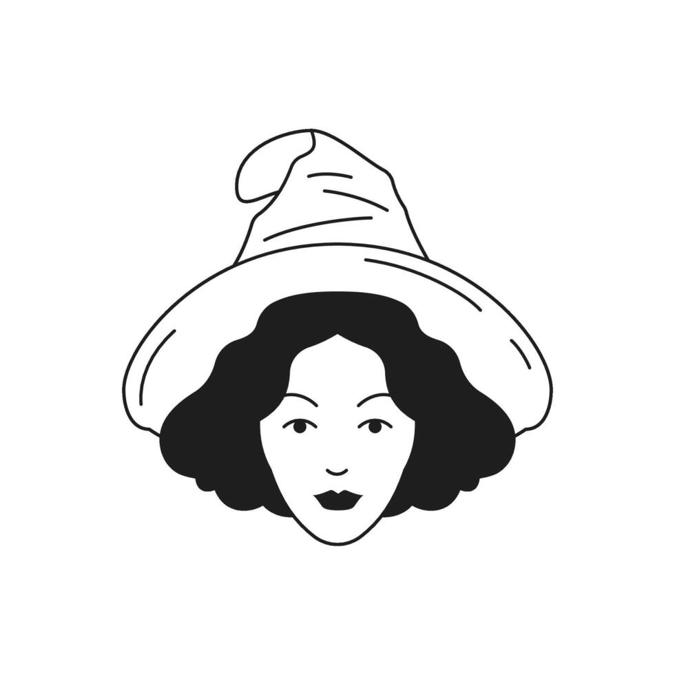 Y2k funny woman witch magic sorceress in hat portrait monochrome line retro groovy icon vector