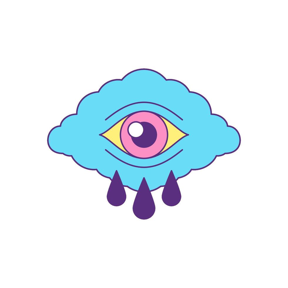 Blue cloud with crying tears drop eye psychedelic cartoon groovy icon flat illustration vector