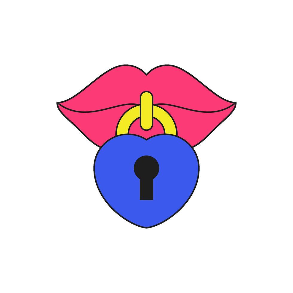 Pink female lips with closed hanged lock keyhole surreal groovy contoured icon flat vector