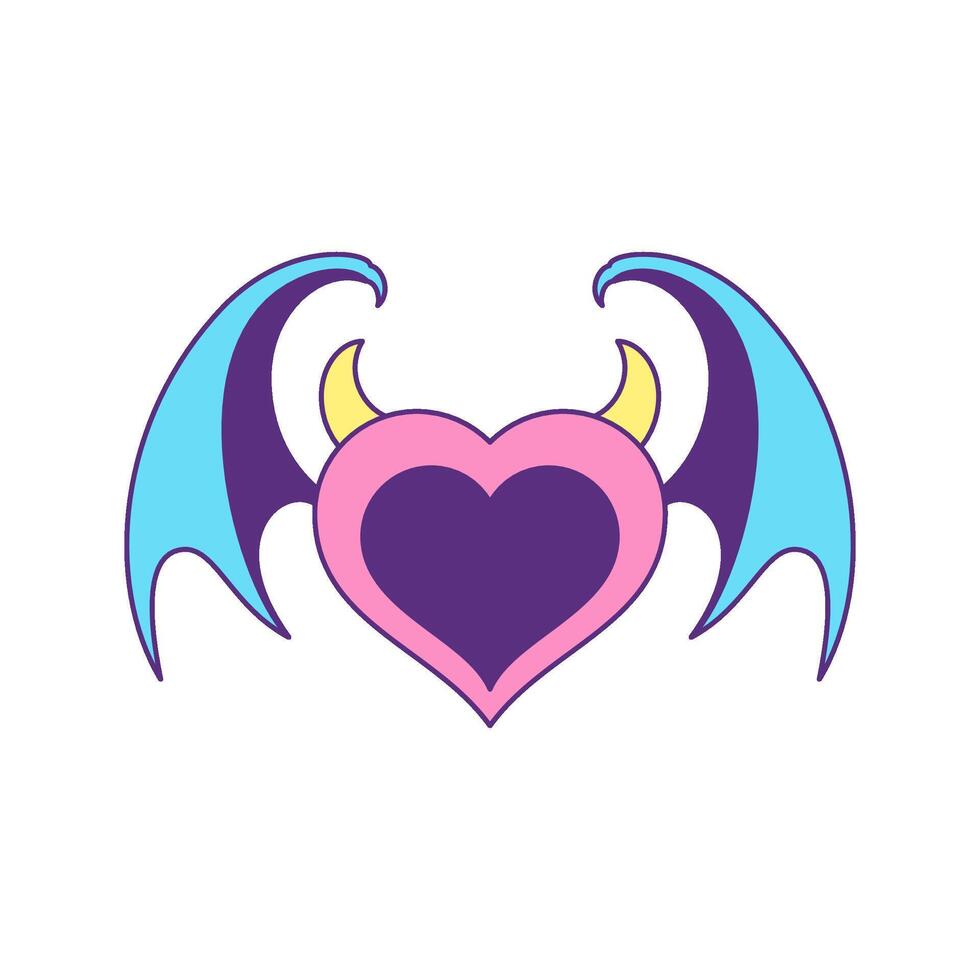 Y2k evil vampire bat heart with horns and wings trendy groovy style icon flat illustration vector