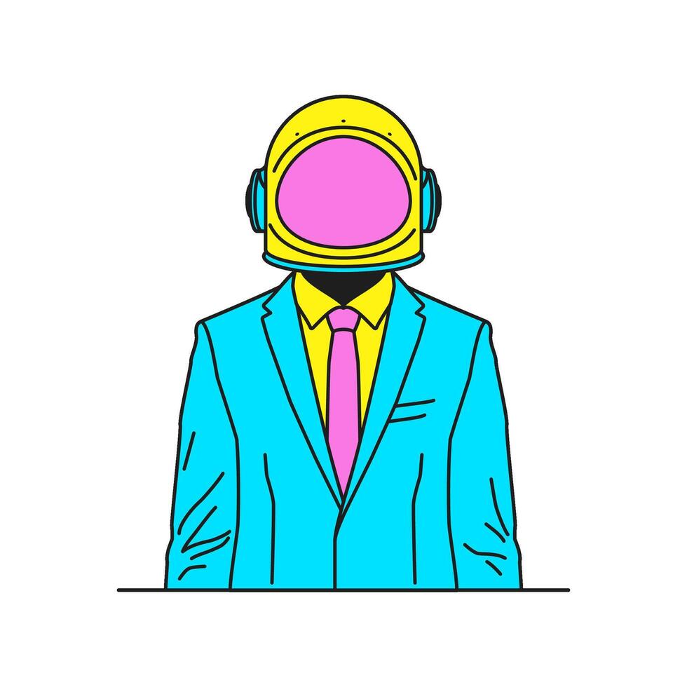 Y2k psychedelic astronaut in helmet and suit jacket groovy style icon flat illustration vector