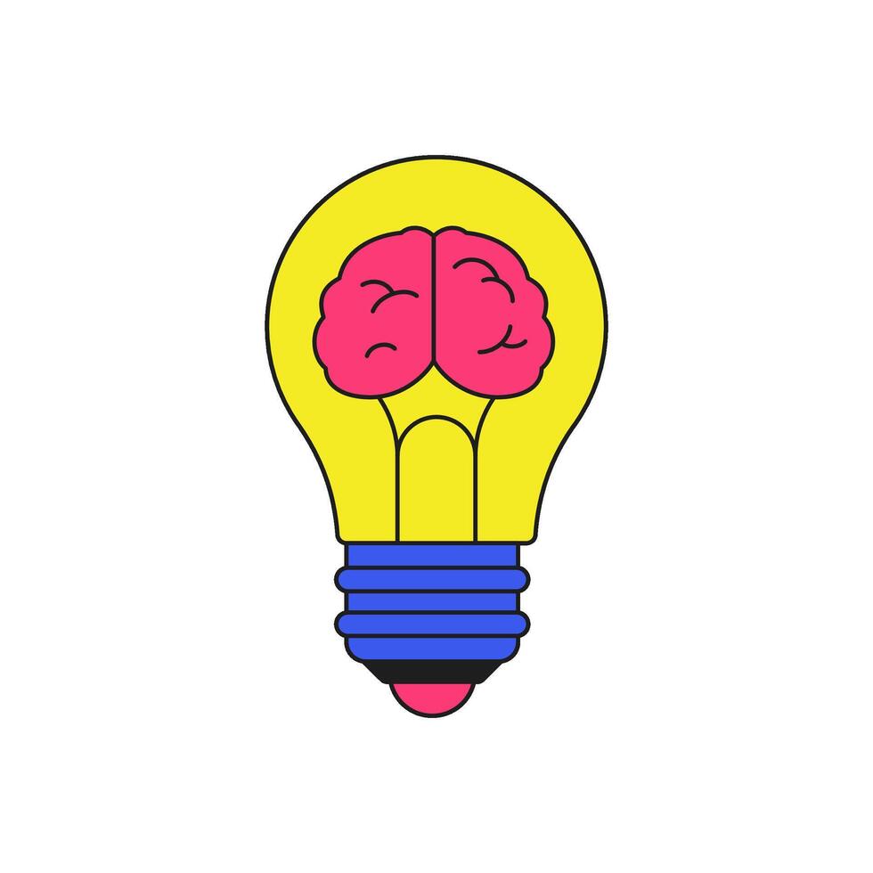 Y2k light bulb with human brain smart innovation idea groovy style icon flat illustration vector