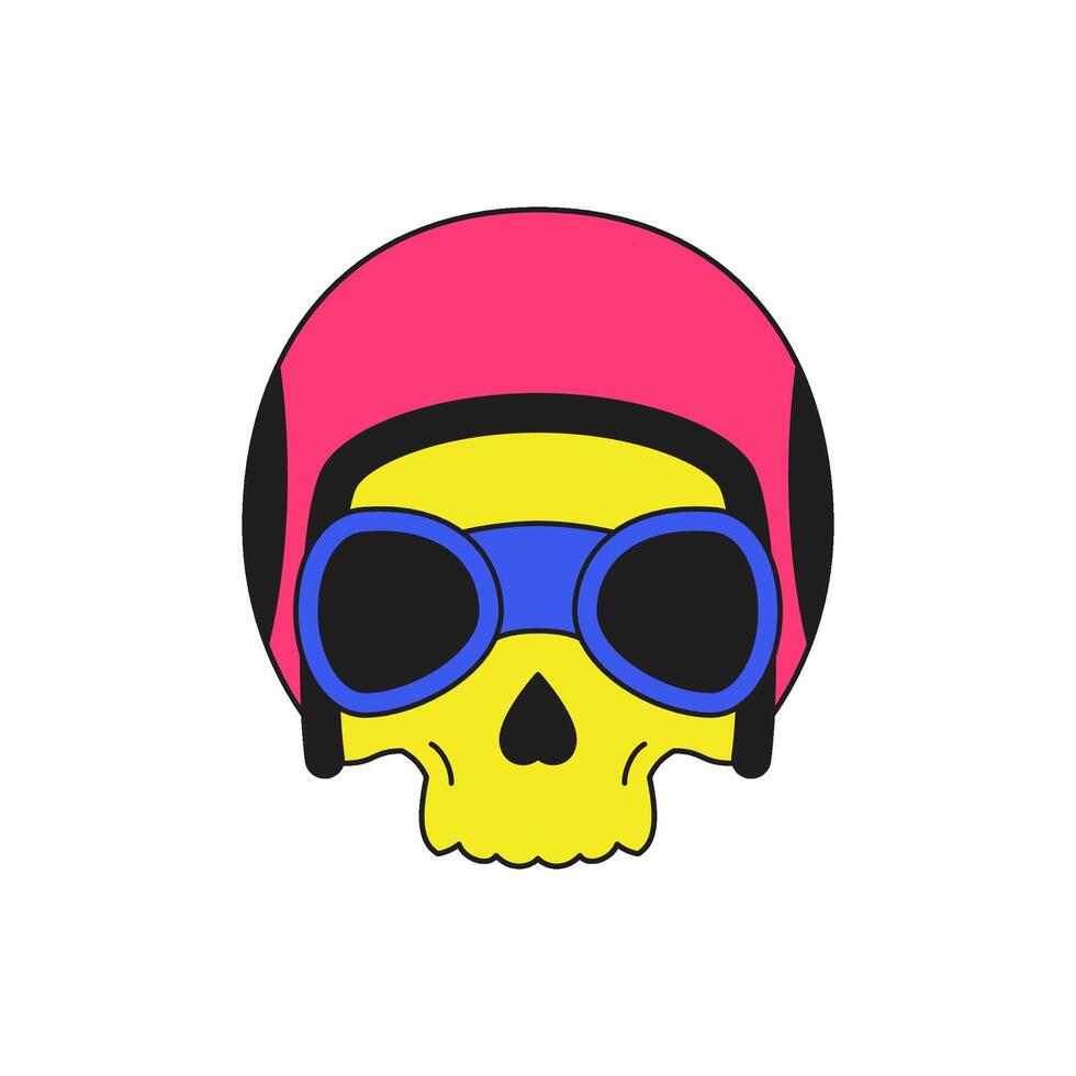 Y2k skull in eyeglasses and motorbike helmet psychedelic groovy style icon flat vector