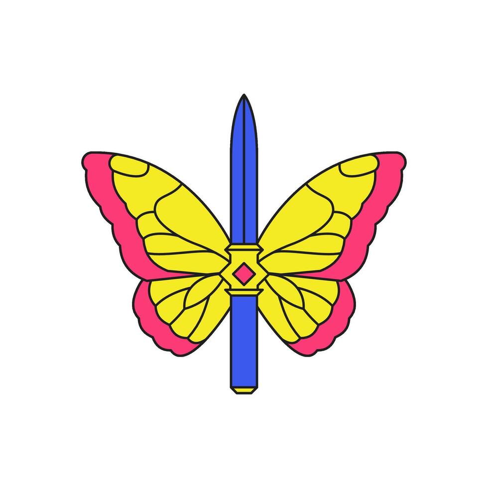 Y2k butterfly sword warrior sharp weapon cartoon element groovy style icon flat vector