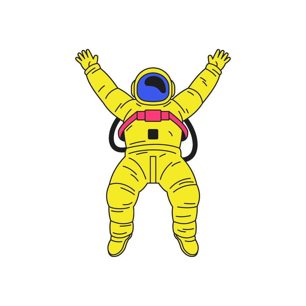 Y2k jumping astronaut in yellow spacesuit universe cosmos cartoon character groovy icon flat vector