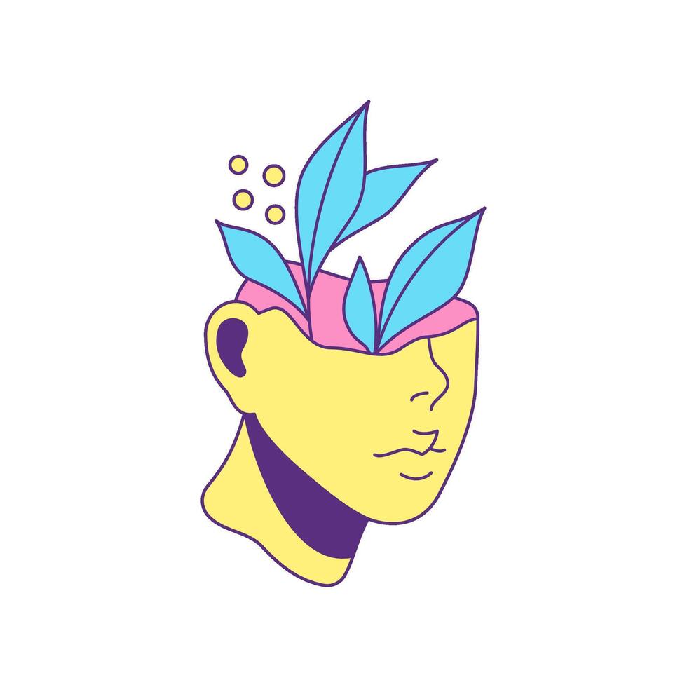 Y2k surreal man head bust with floral branch cartoon element groovy style icon flat vector