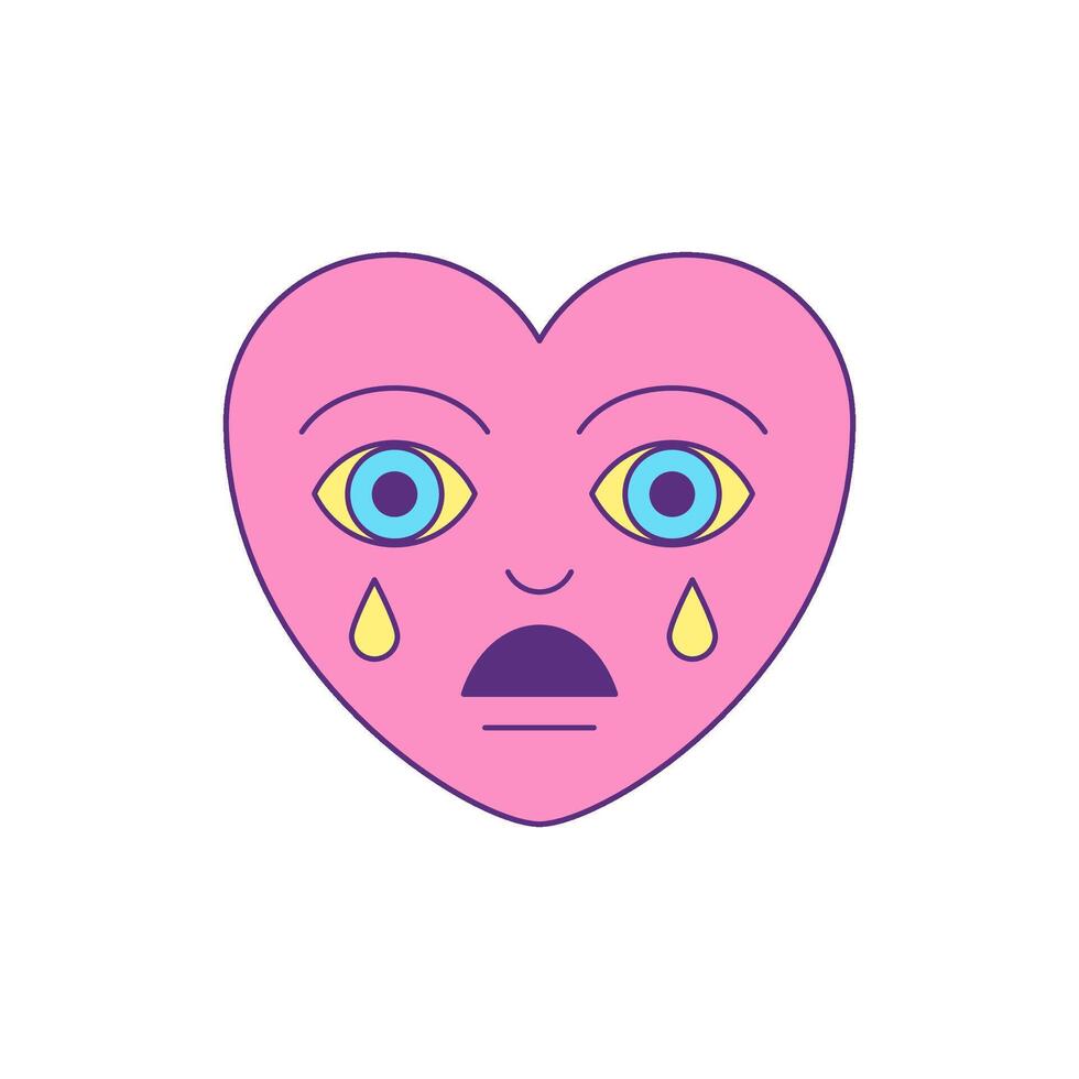 Y2k sad crying pink heart with tears comic cartoon character groovy style icon flat vector