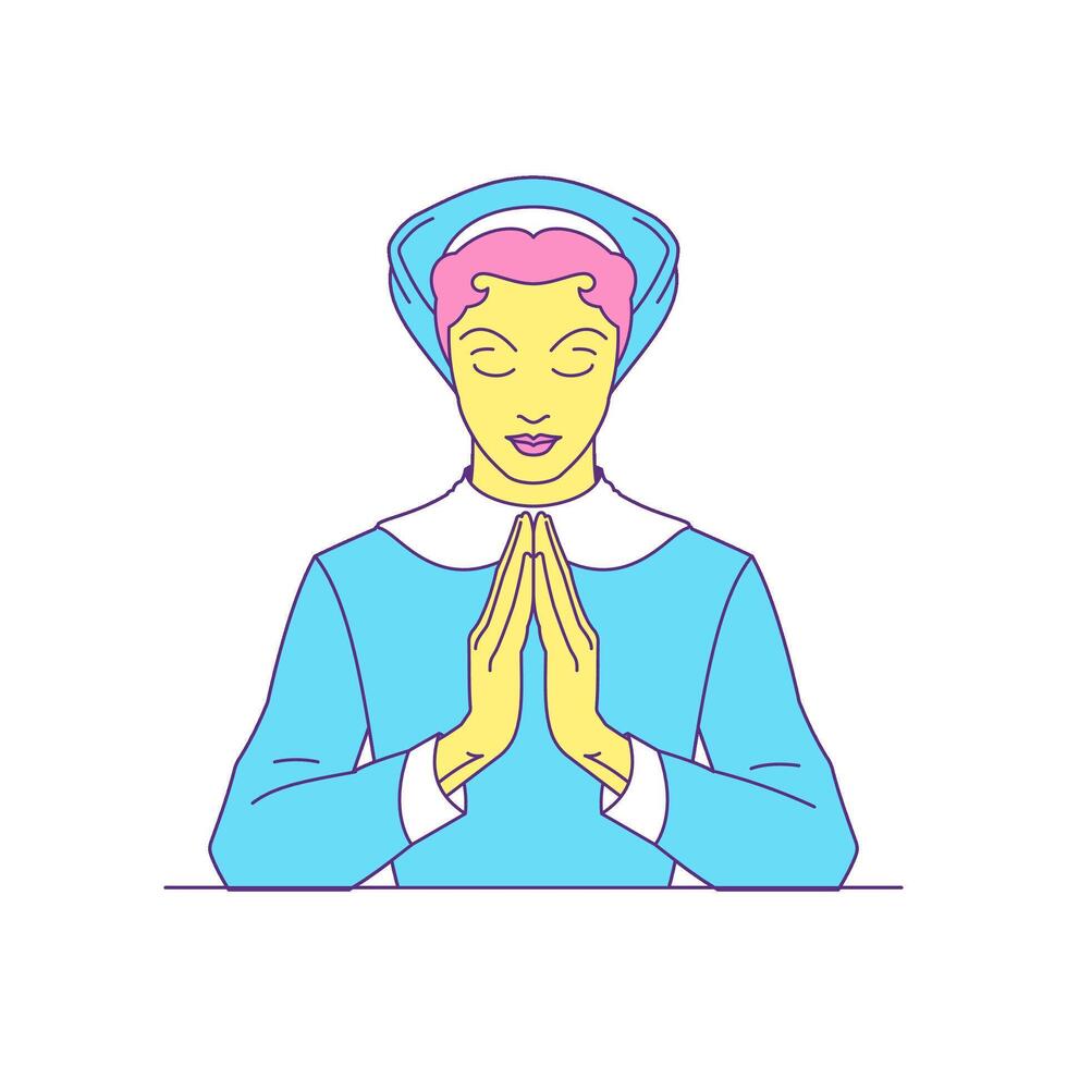 Y2k nun with praying hands pose spiritual religious cartoon character groovy icon flat vector