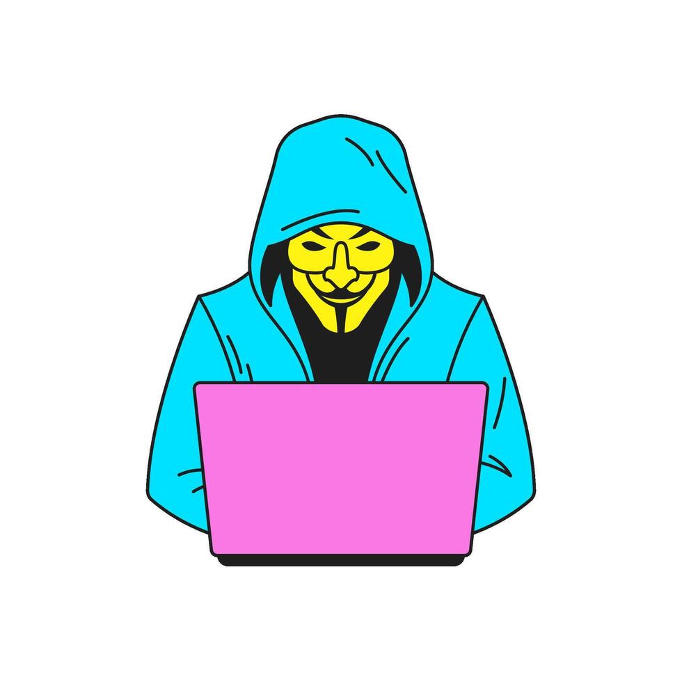Y2k male hacker cyber crime attack working on laptop groovy style icon flat illustration vector
