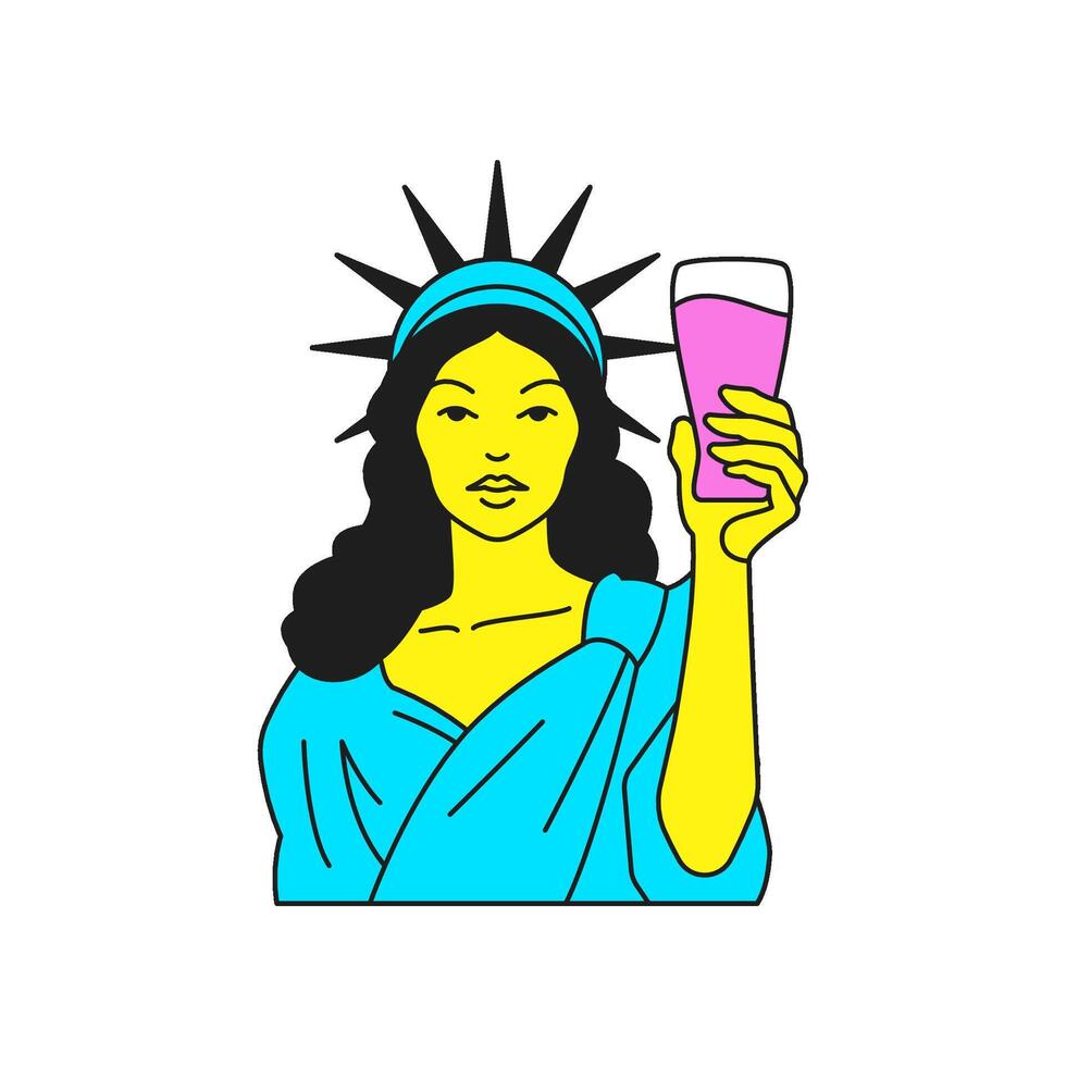 Y2k psychedelic Statue of Liberty with beer glass cartoon character groovy icon flat vector