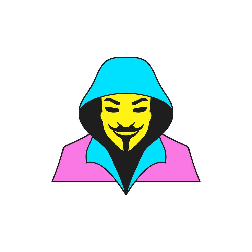 Y2k smiling man in hood Halloween creepy criminal cartoon character groovy style icon flat vector