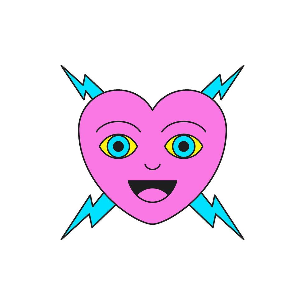 Y2k smiling pink heart with lightning comic cartoon character groovy style icon flat vector