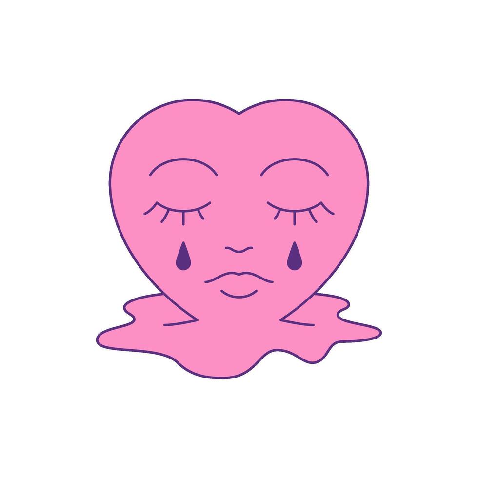 Y2k pink crying heart with tears drops puddle comic cartoon character groovy icon flat vector