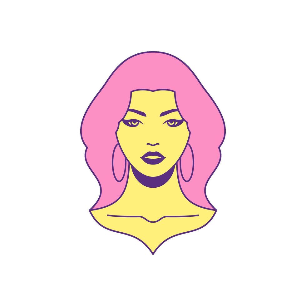 Y2k beautiful woman face cartoon character groovy style icon flat illustration vector
