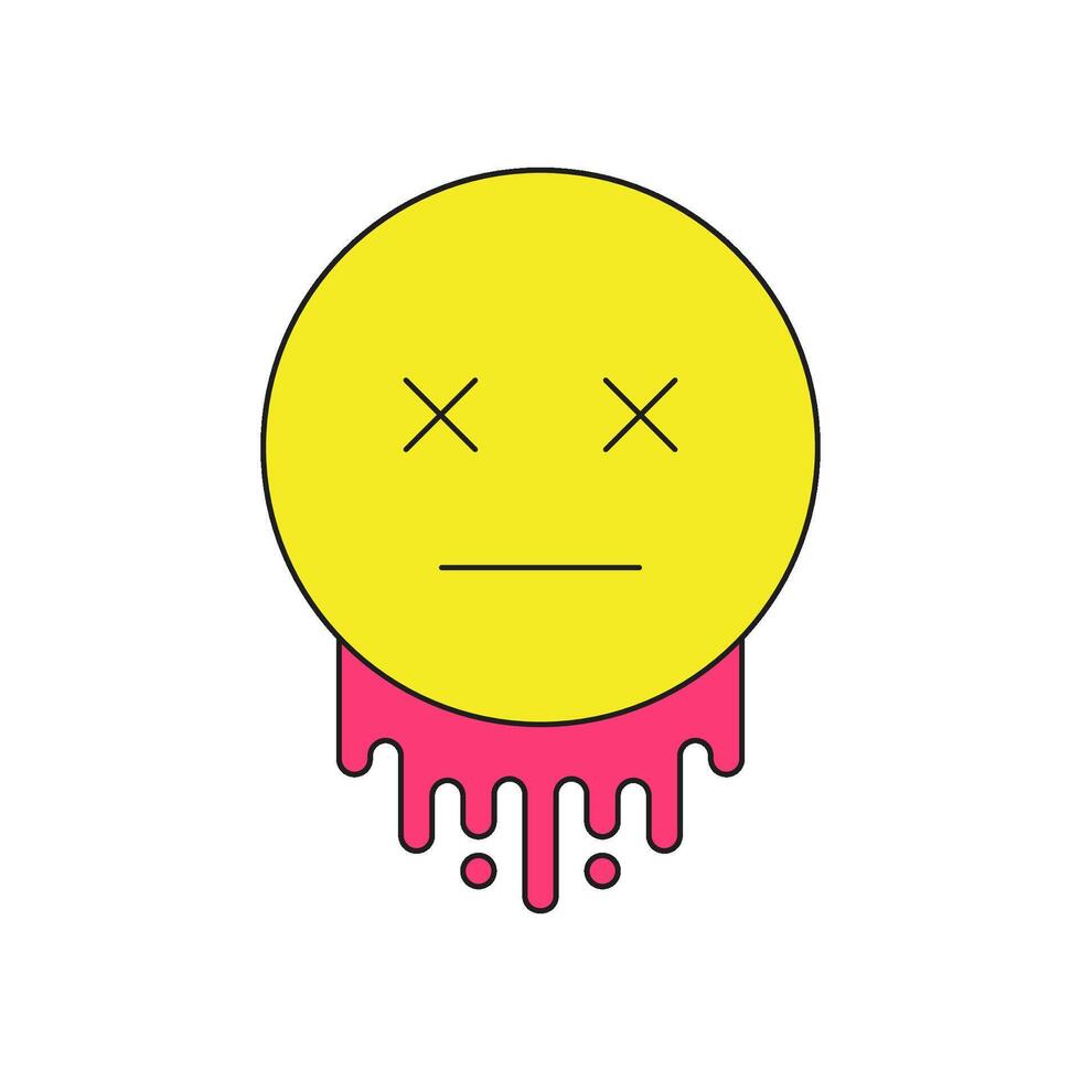 Y2k yellow melting smiley with crossed eyes game over cartoon element groovy style icon flat vector