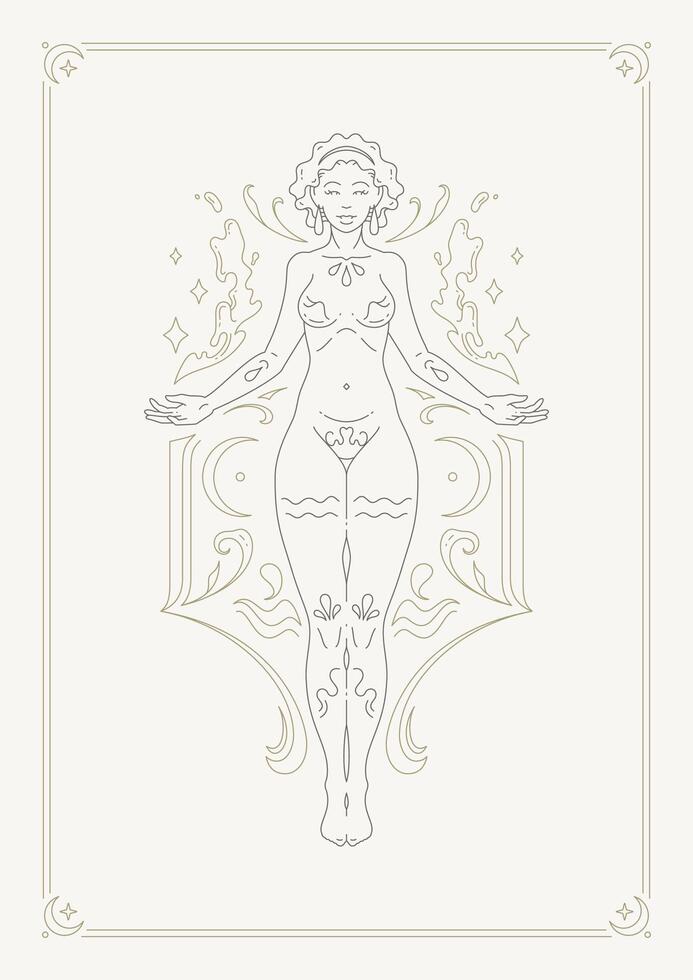 Aquarius woman zodiac mythology goddess astrology water splash line art deco poster design vector