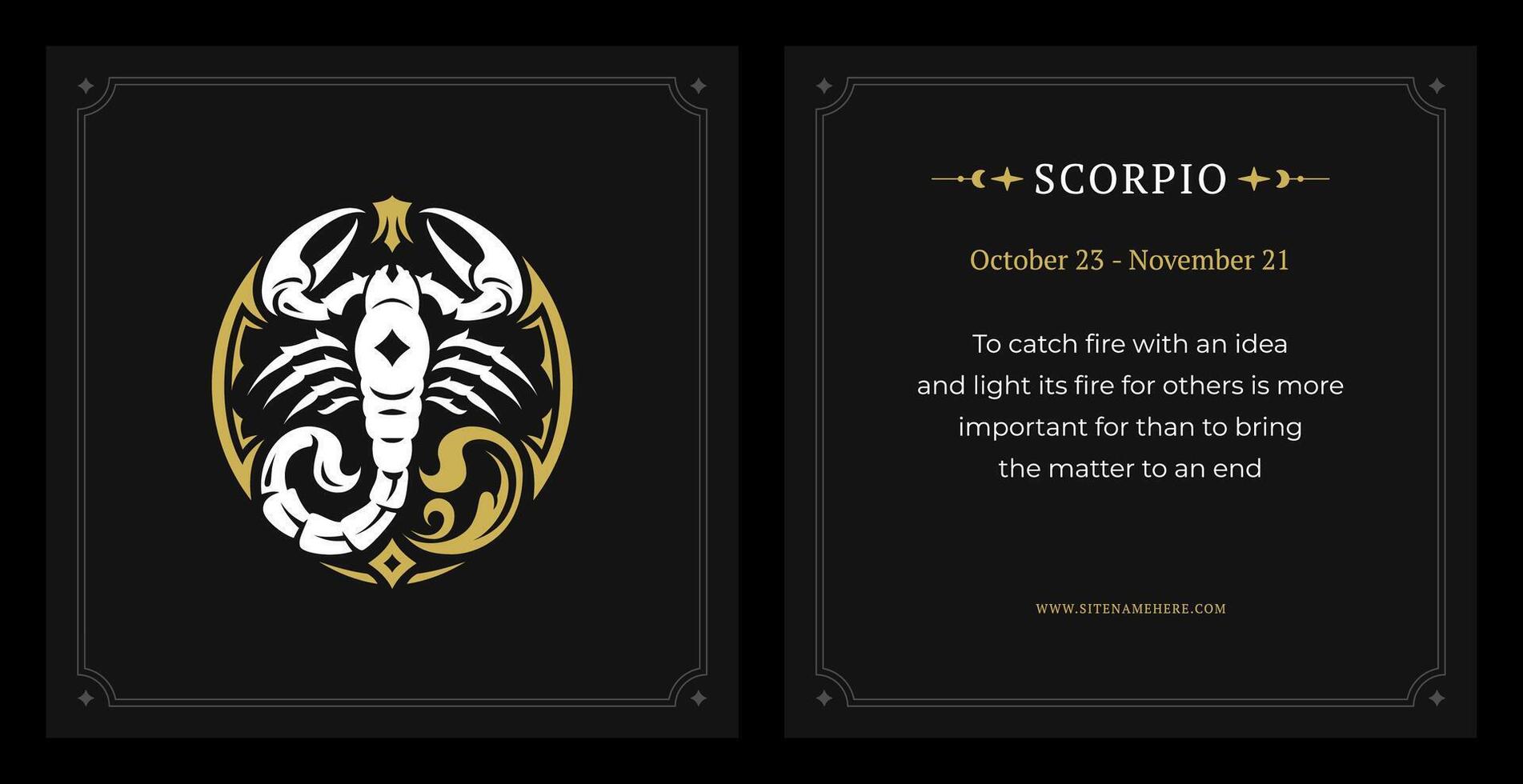 Scorpio zodiac horoscope fortune description with data vintage black card design template set vector